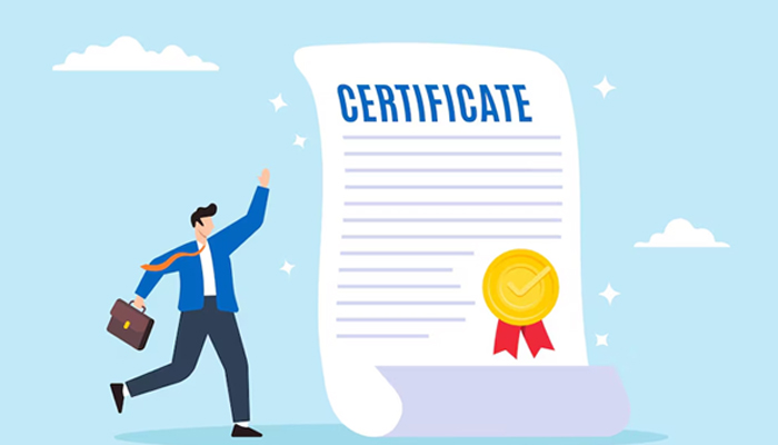 Illustration of a man walking toward a large certificate with a gold seal, symbolizing the concept of obtaining a certificate of incorporation.